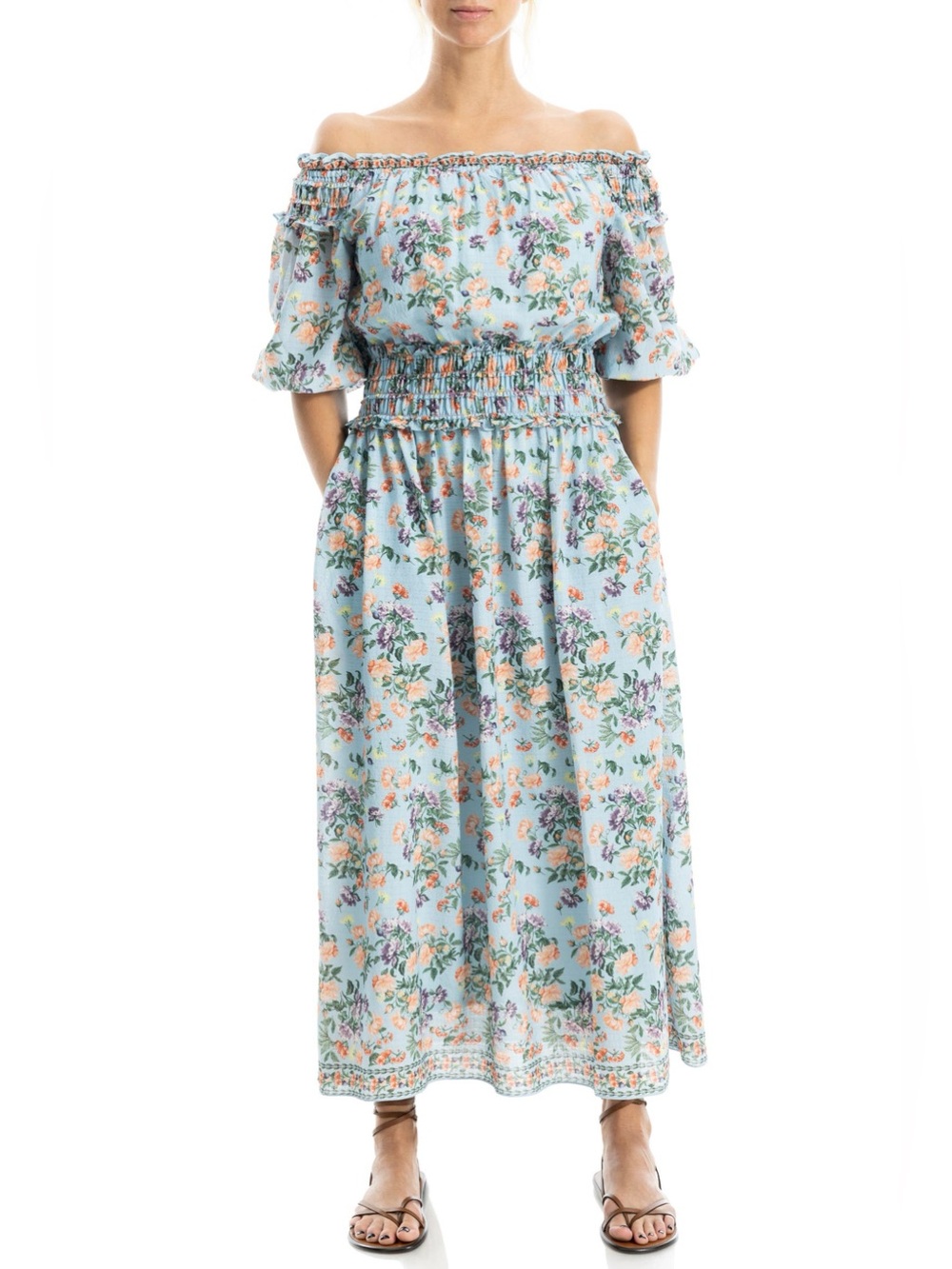 Max Studio Blue Floral Peasant Maxi Dress Puff Sleeve Smocked Waist Sz L